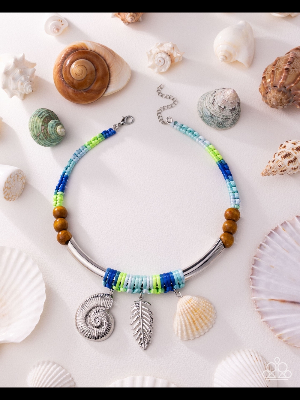 paparazzi Blue Lime Beaded Seashell & Leaf Charm Necklace